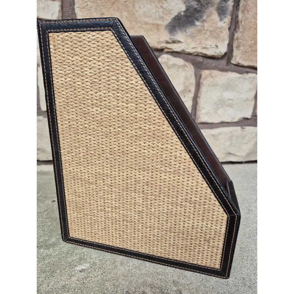 Rattan Magazine Holder‎ Faux Leather Desk File Organizer Safari Woven Storage